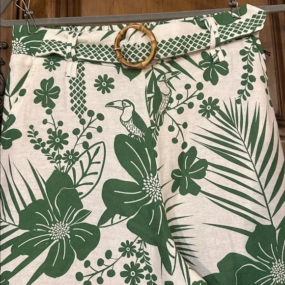 NEW Linen Blend Macaw Elegance Green Cream Leafy Tropical Print Wide Leg Pants S - Picture 15 of 17